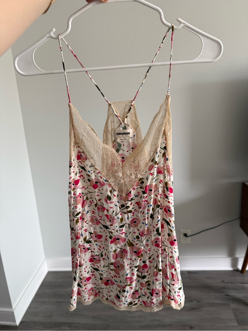 Zadig and Voltaire Floral Lace Trim Satin Slip tank top - Pink & Cream